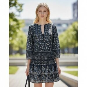 Veronica Beard Makai Silk Mini Dress Navy Paisley Ruched Boho Size 2